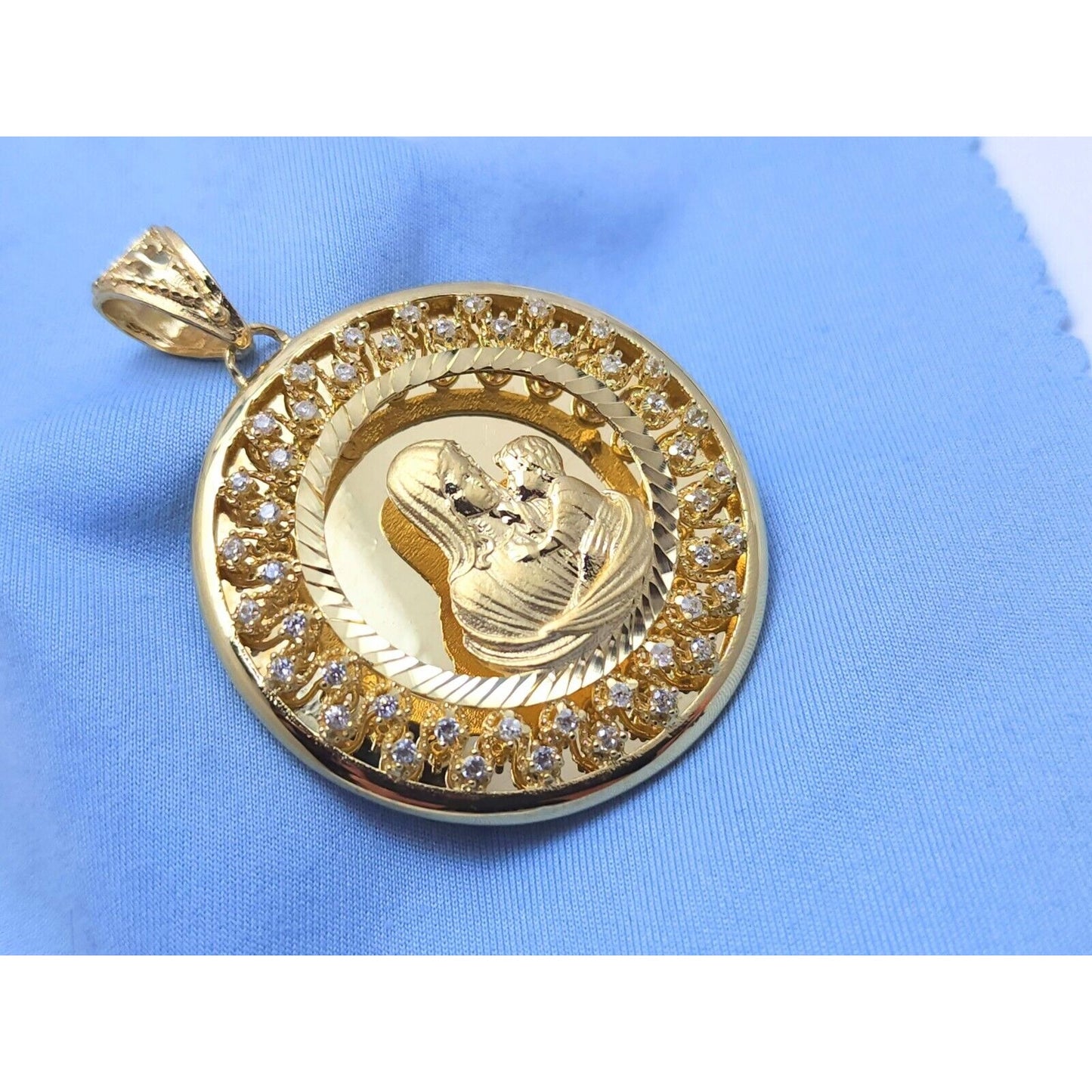 14K Yellow Gold Round Saint Mary & Baby Jesus Cubic Zirconia Charm Pendant