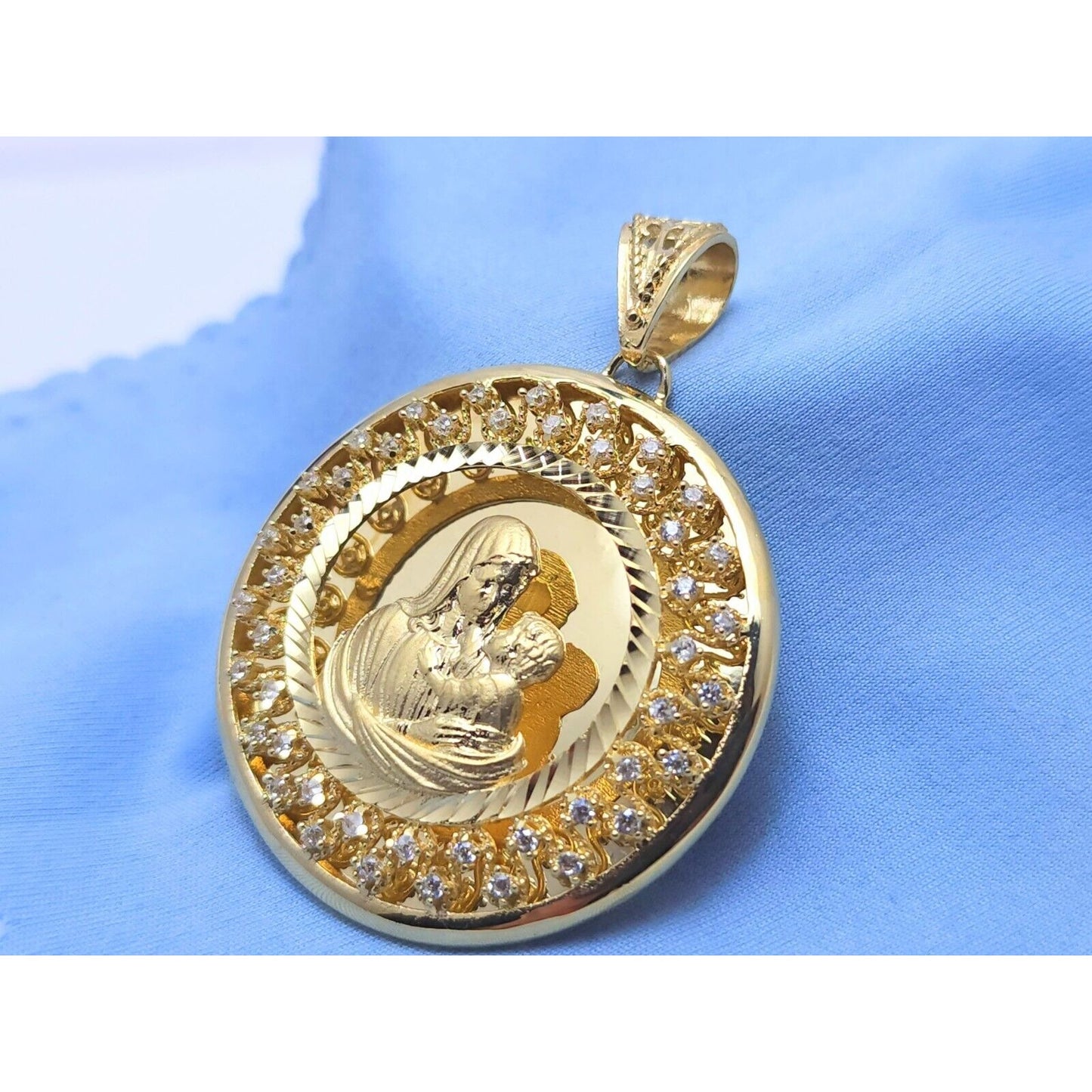 14K Yellow Gold Round Saint Mary & Baby Jesus Cubic Zirconia Charm Pendant