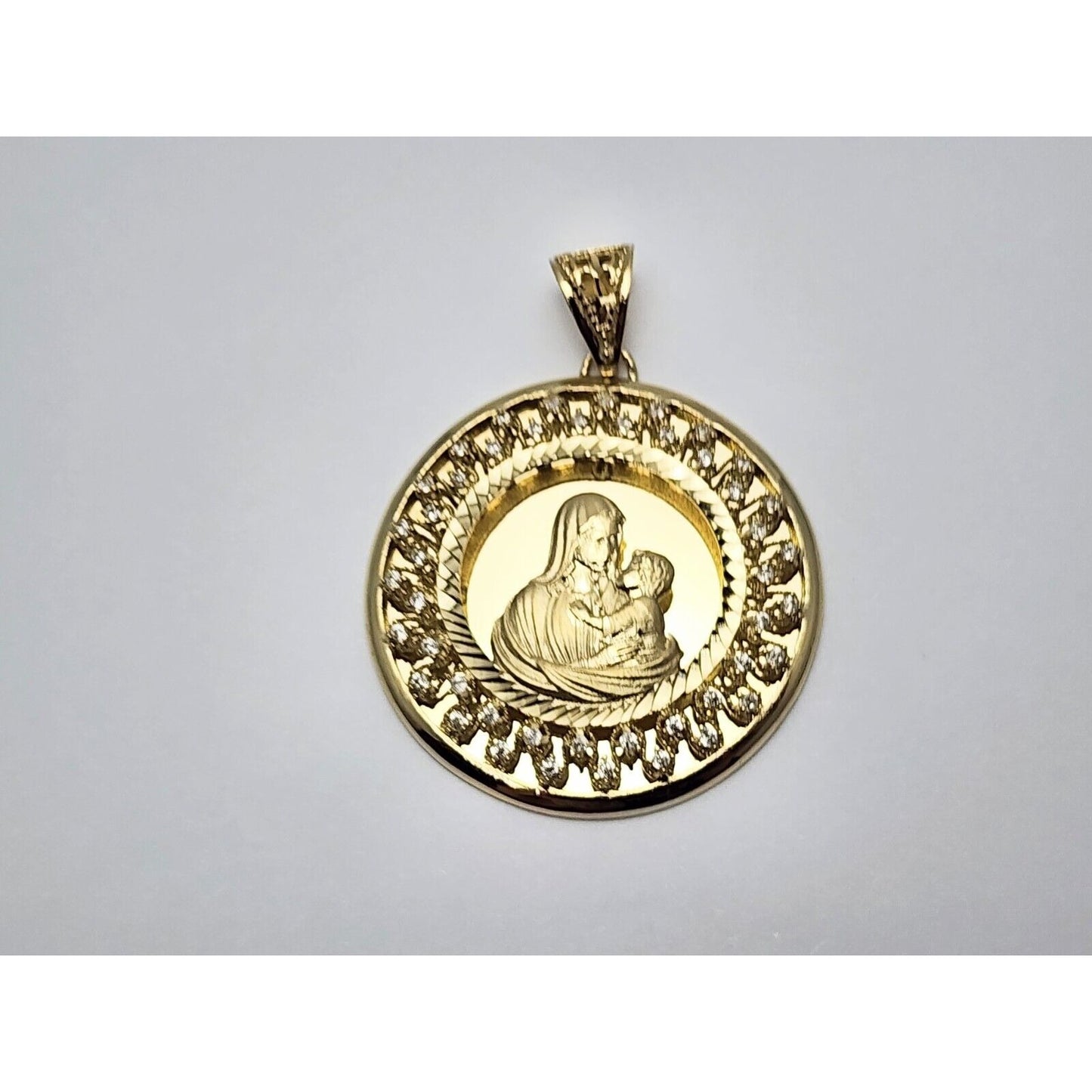 14K Yellow Gold Round Saint Mary & Baby Jesus Cubic Zirconia Charm Pendant