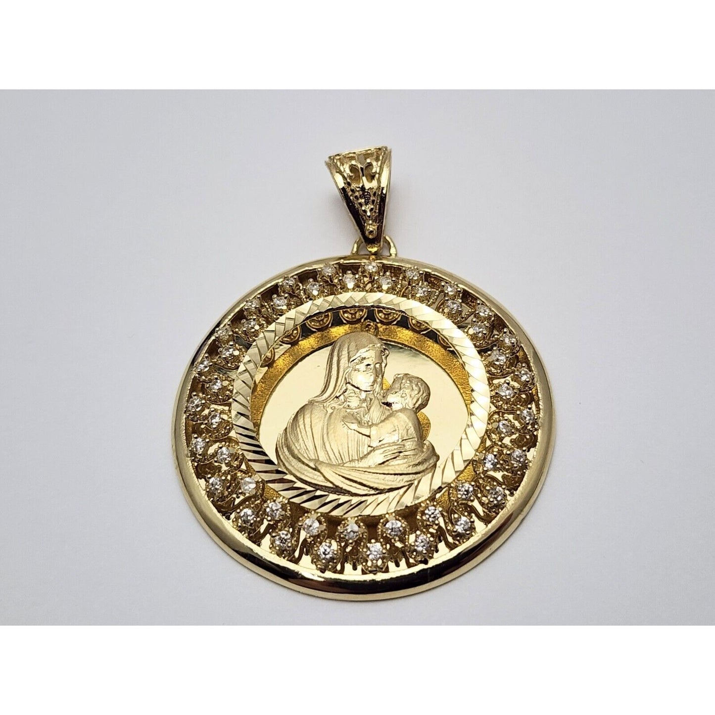 14K Yellow Gold Round Saint Mary & Baby Jesus Cubic Zirconia Charm Pendant