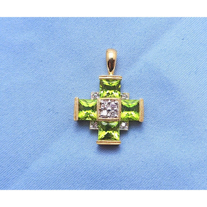 10K Yellow Gold Diamond & Peridot Greek Cross Charm Pendant