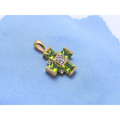 10K Yellow Gold Diamond & Peridot Greek Cross Charm Pendant