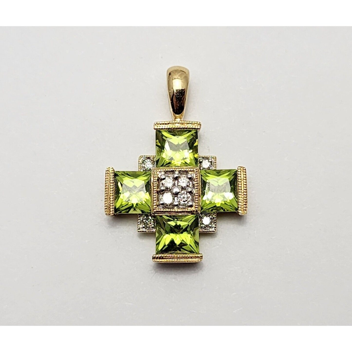 10K Yellow Gold Diamond & Peridot Greek Cross Charm Pendant