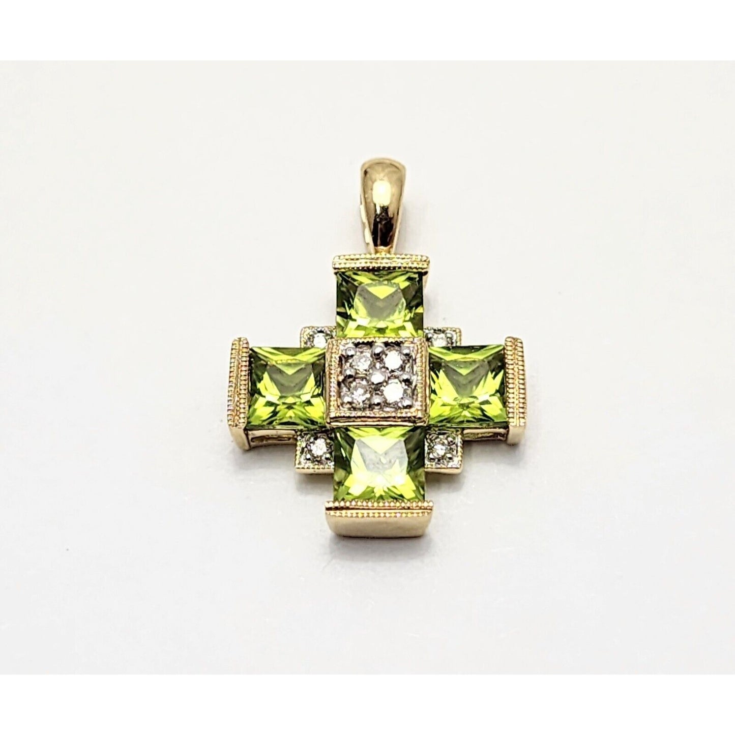 10K Yellow Gold Diamond & Peridot Greek Cross Charm Pendant