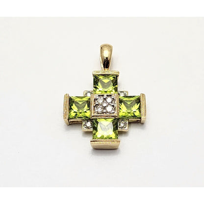 10K Yellow Gold Diamond & Peridot Greek Cross Charm Pendant