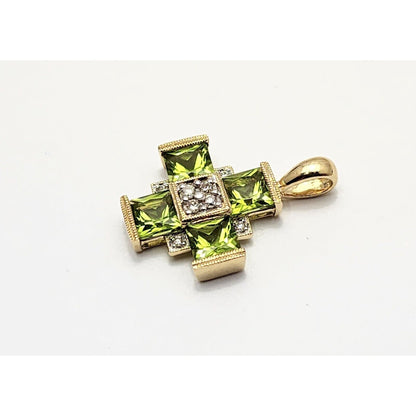 10K Yellow Gold Diamond & Peridot Greek Cross Charm Pendant