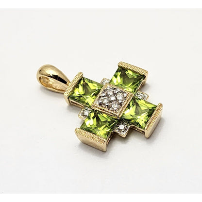 10K Yellow Gold Diamond & Peridot Greek Cross Charm Pendant