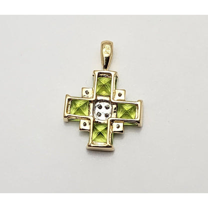 10K Yellow Gold Diamond & Peridot Greek Cross Charm Pendant