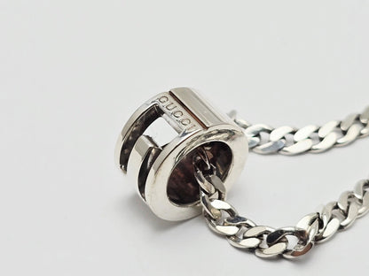 Gucci G Cut Out Round Circle Sterling Silver Charm Pendant Curb Chain Necklace