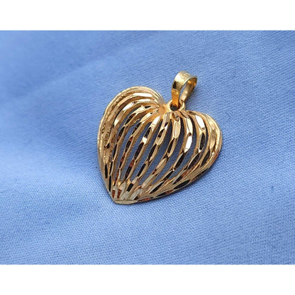 14K Yellow Gold Textured Diamond Cut Heart Charm Pendant