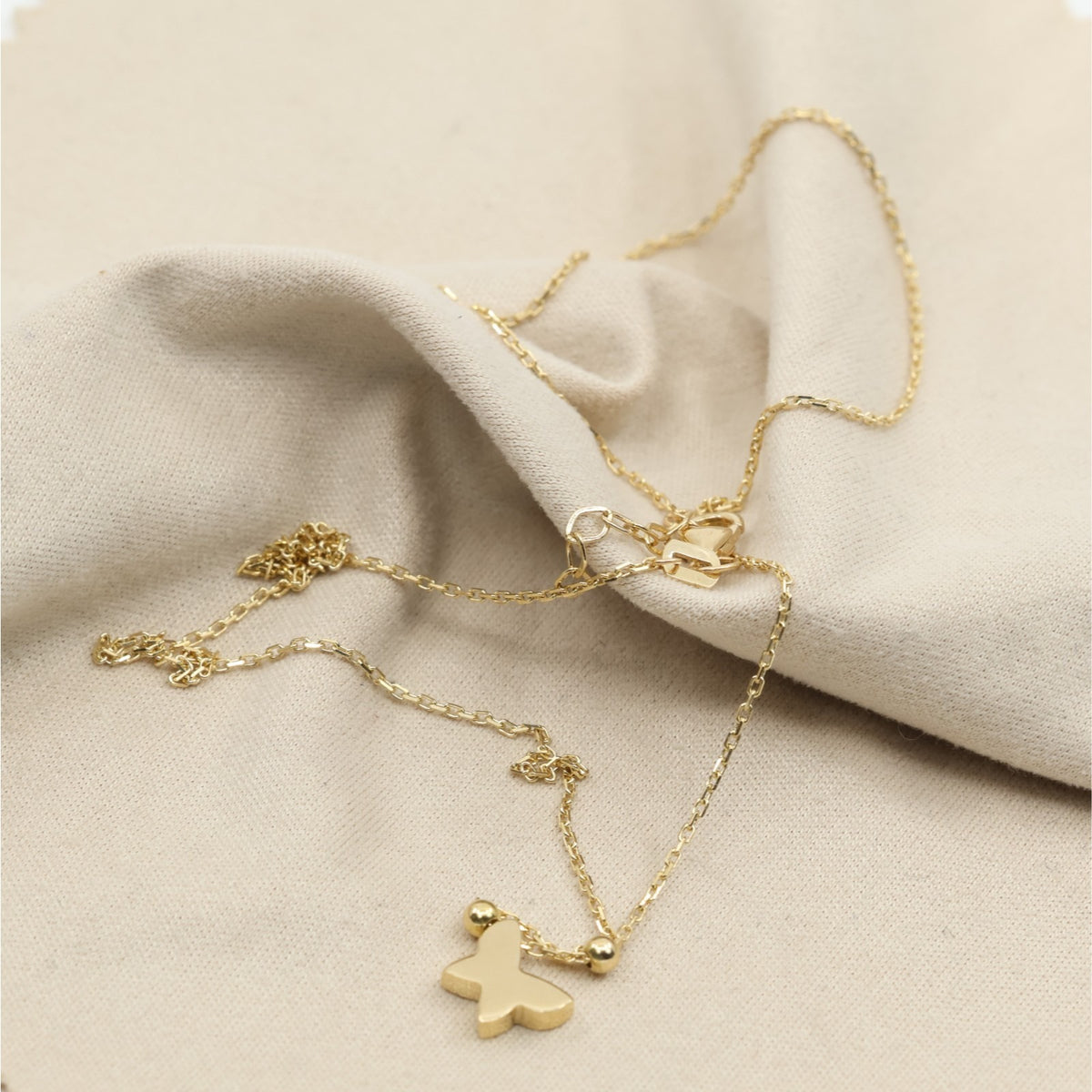 18K Yellow Gold Butterfly Charm Pendant Resizable Cable Link Chain Necklace