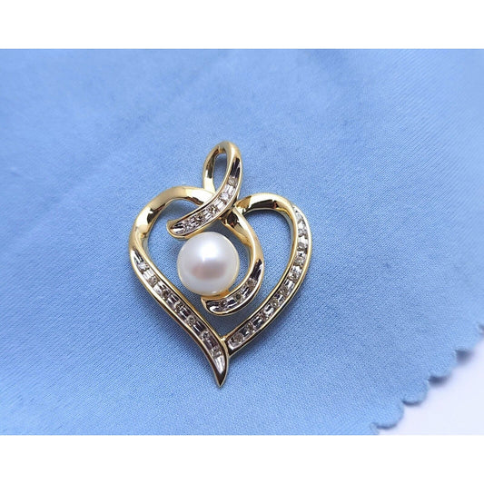 10K Yellow Gold Open Heart Diamond & Pearl Charm Pendant