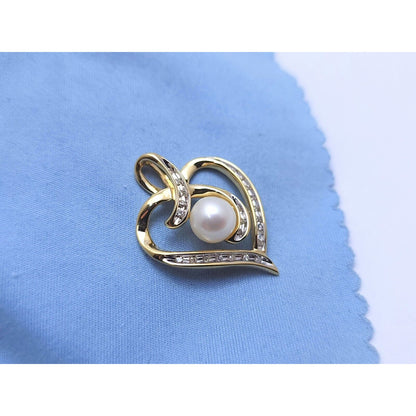 10K Yellow Gold Open Heart Diamond & Pearl Charm Pendant