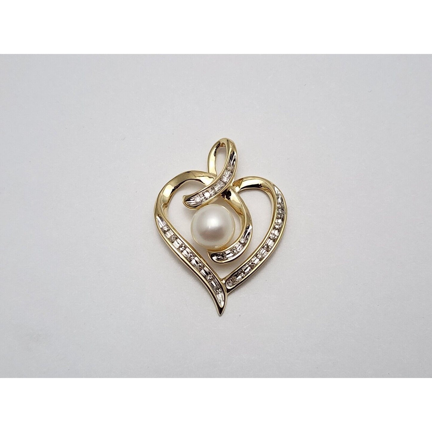 10K Yellow Gold Open Heart Diamond & Pearl Charm Pendant