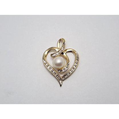 10K Yellow Gold Open Heart Diamond & Pearl Charm Pendant