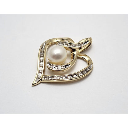 10K Yellow Gold Open Heart Diamond & Pearl Charm Pendant