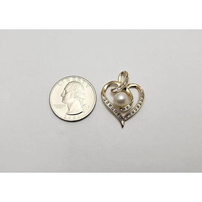 10K Yellow Gold Open Heart Diamond & Pearl Charm Pendant