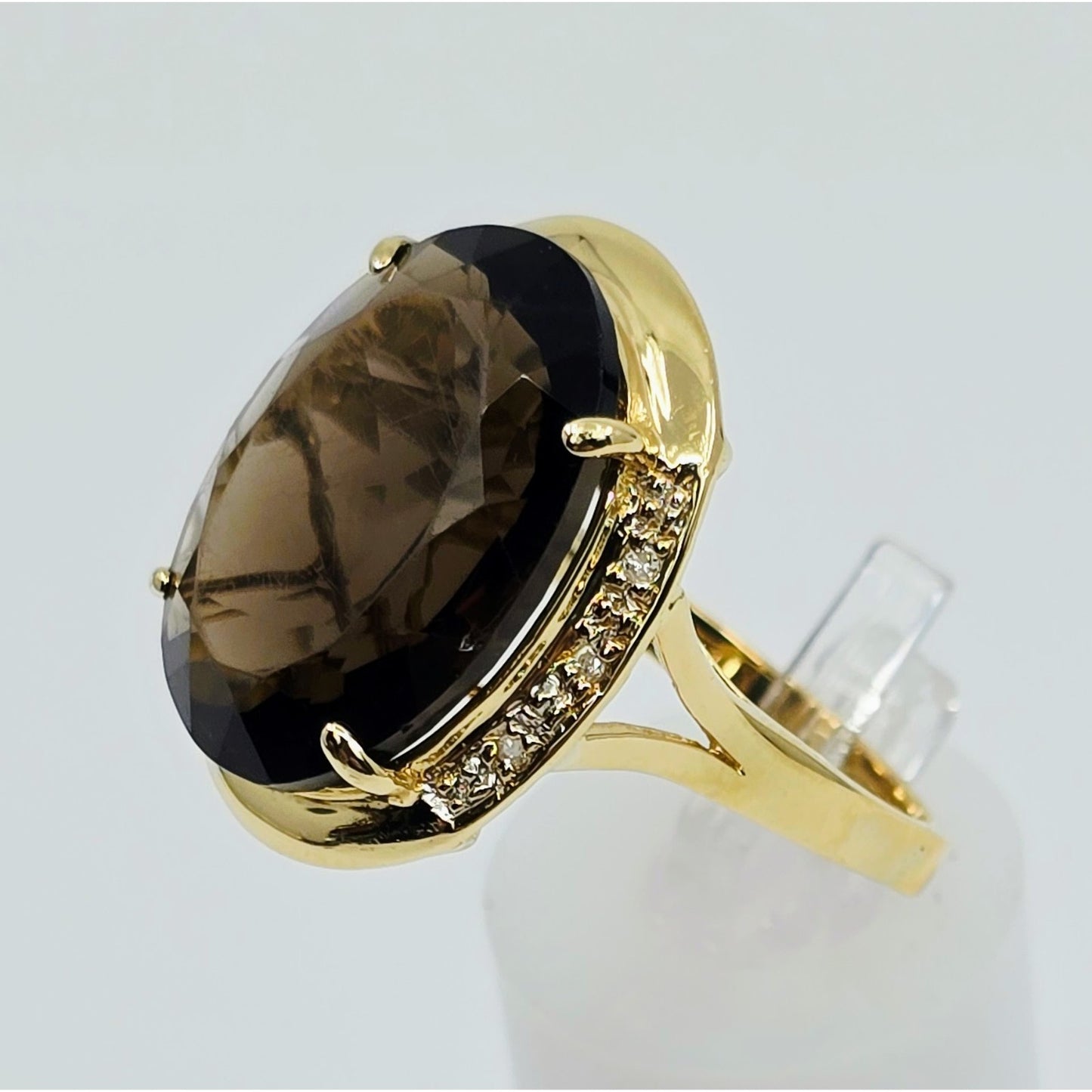 Large 14K Yellow Gold Smoky Quartz & Diamond Ring