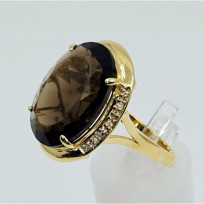 Large 14K Yellow Gold Smoky Quartz & Diamond Ring