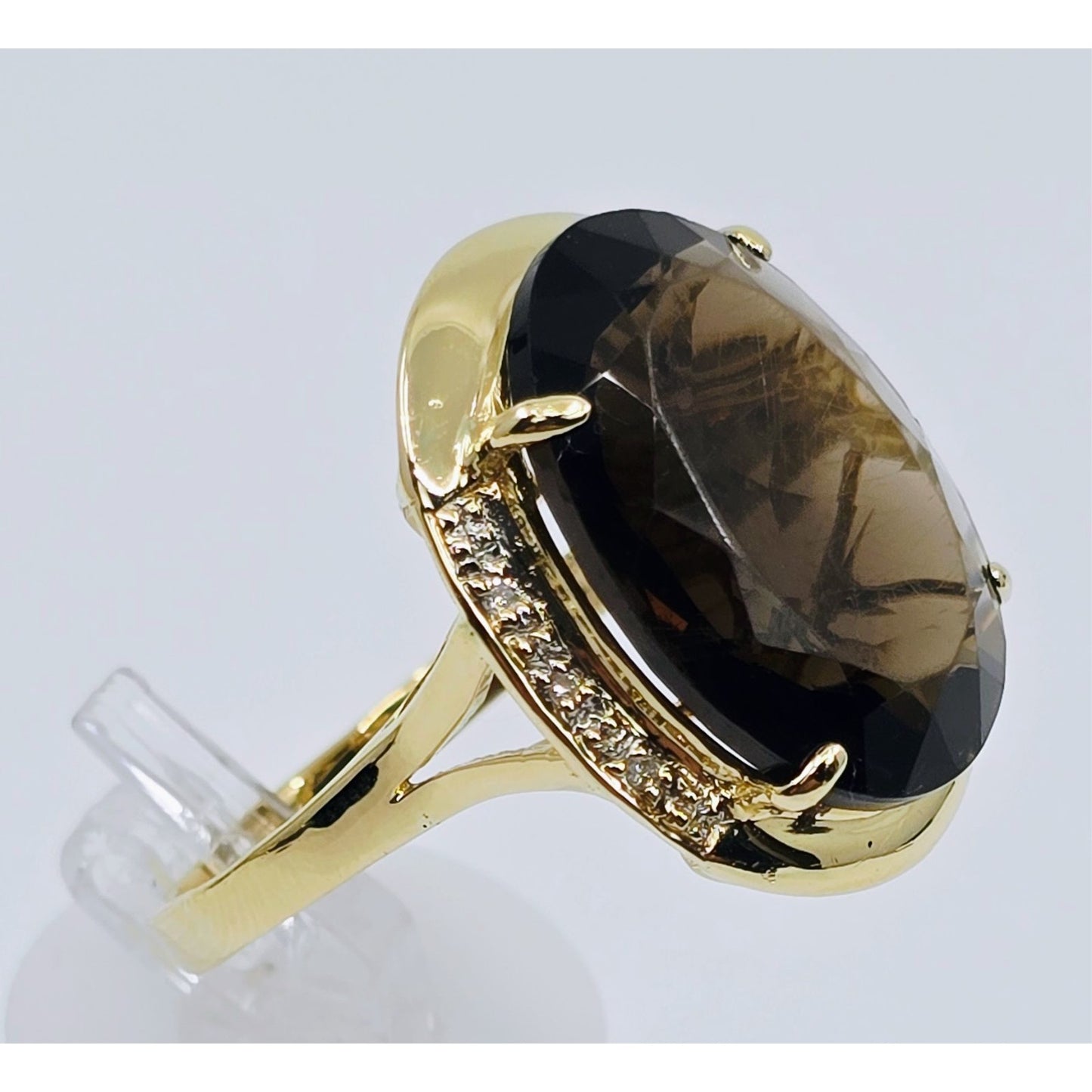 Large 14K Yellow Gold Smoky Quartz & Diamond Ring