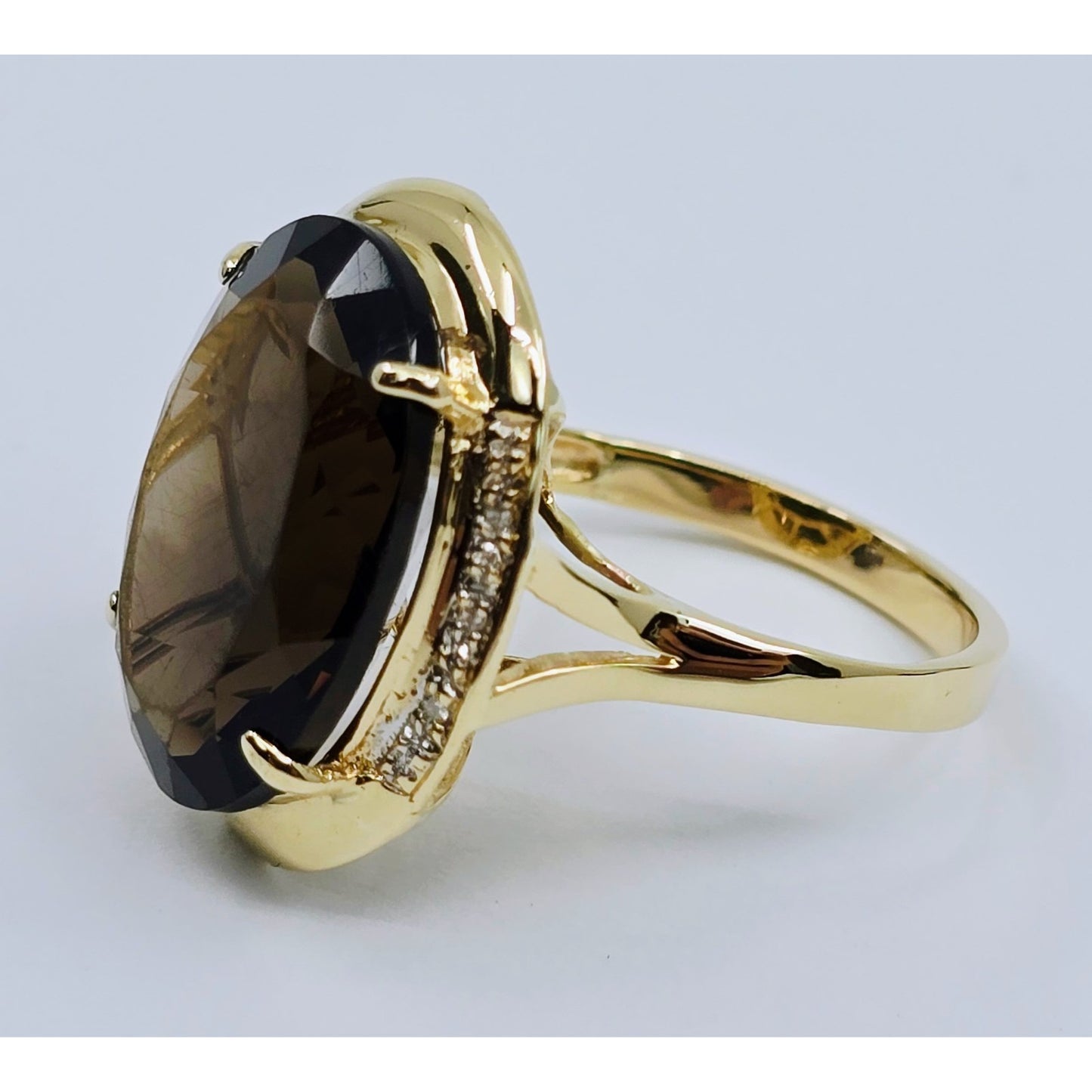 Large 14K Yellow Gold Smoky Quartz & Diamond Ring