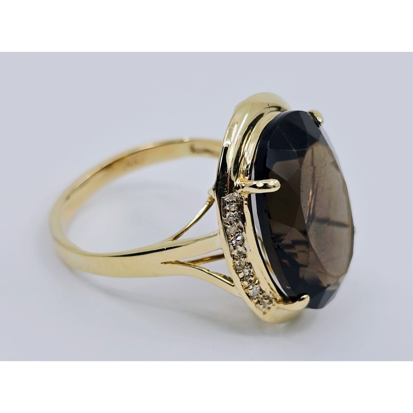 Large 14K Yellow Gold Smoky Quartz & Diamond Ring