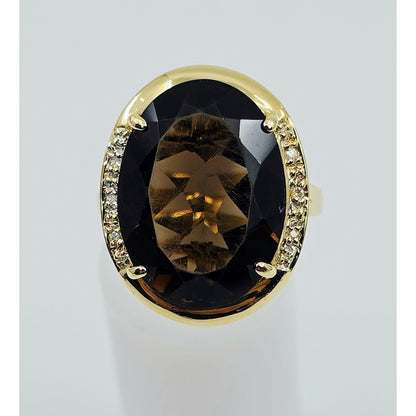 Large 14K Yellow Gold Smoky Quartz & Diamond Ring