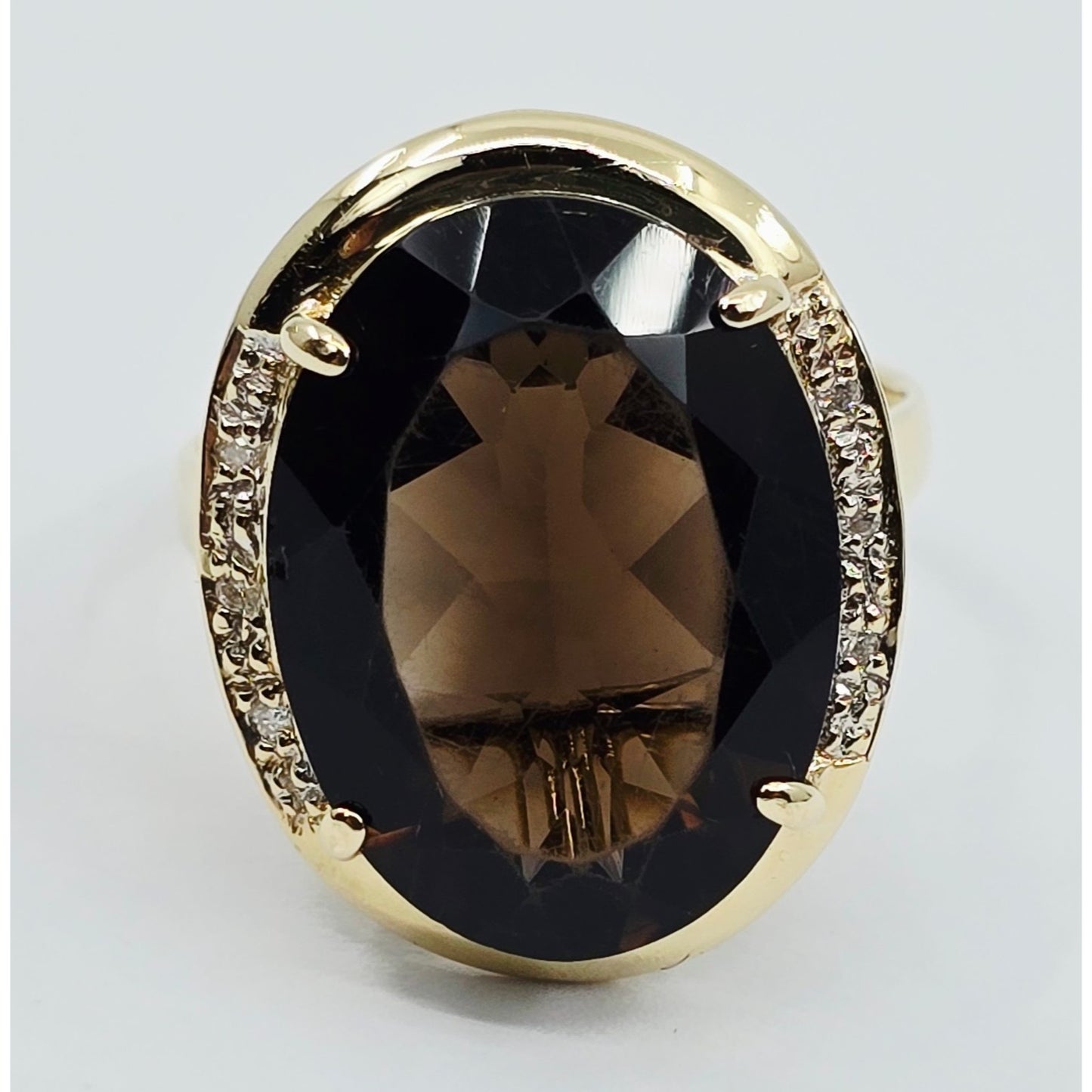 Large 14K Yellow Gold Smoky Quartz & Diamond Ring