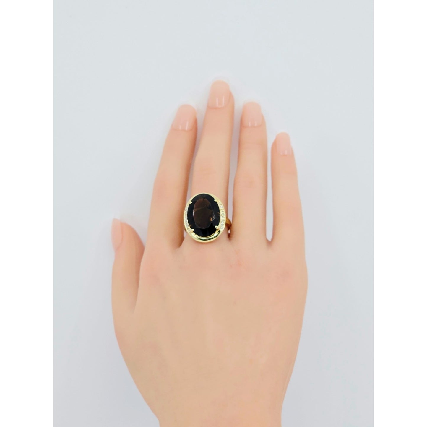Large 14K Yellow Gold Smoky Quartz & Diamond Ring