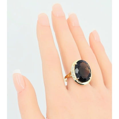 Large 14K Yellow Gold Smoky Quartz & Diamond Ring