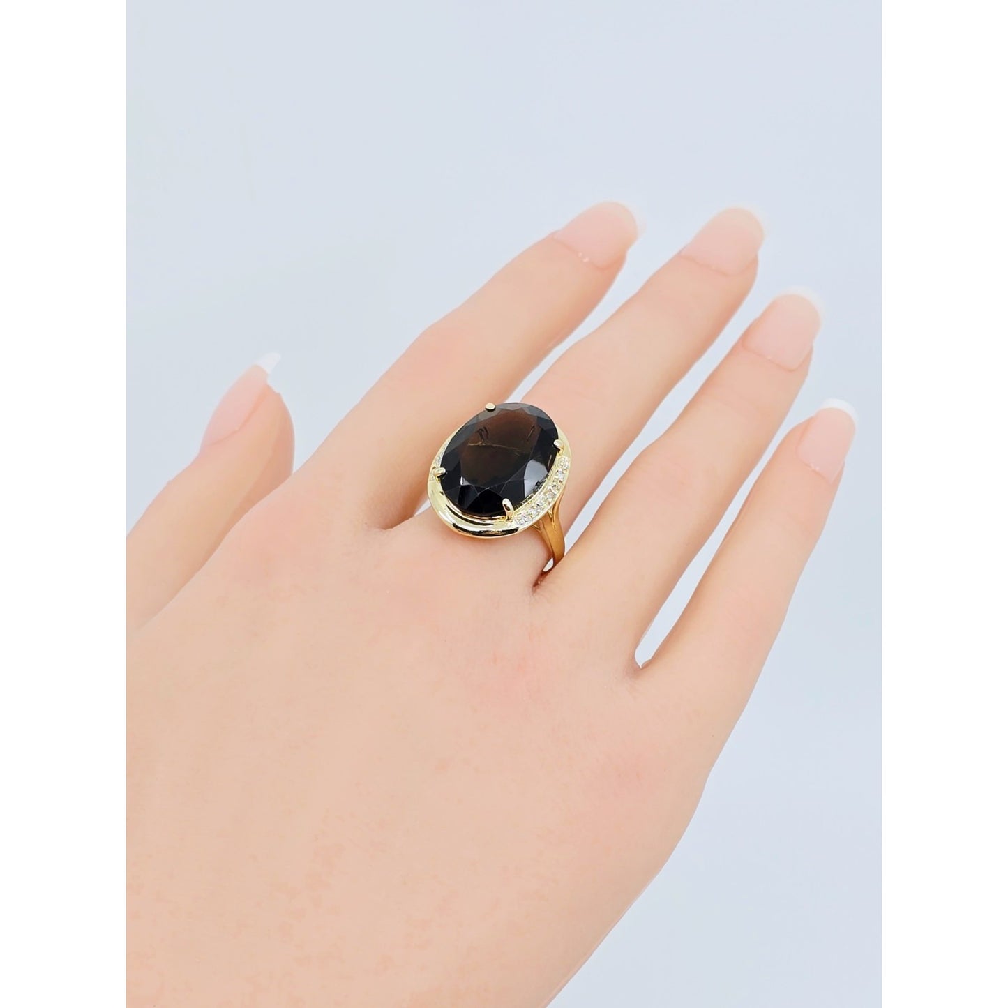 Large 14K Yellow Gold Smoky Quartz & Diamond Ring