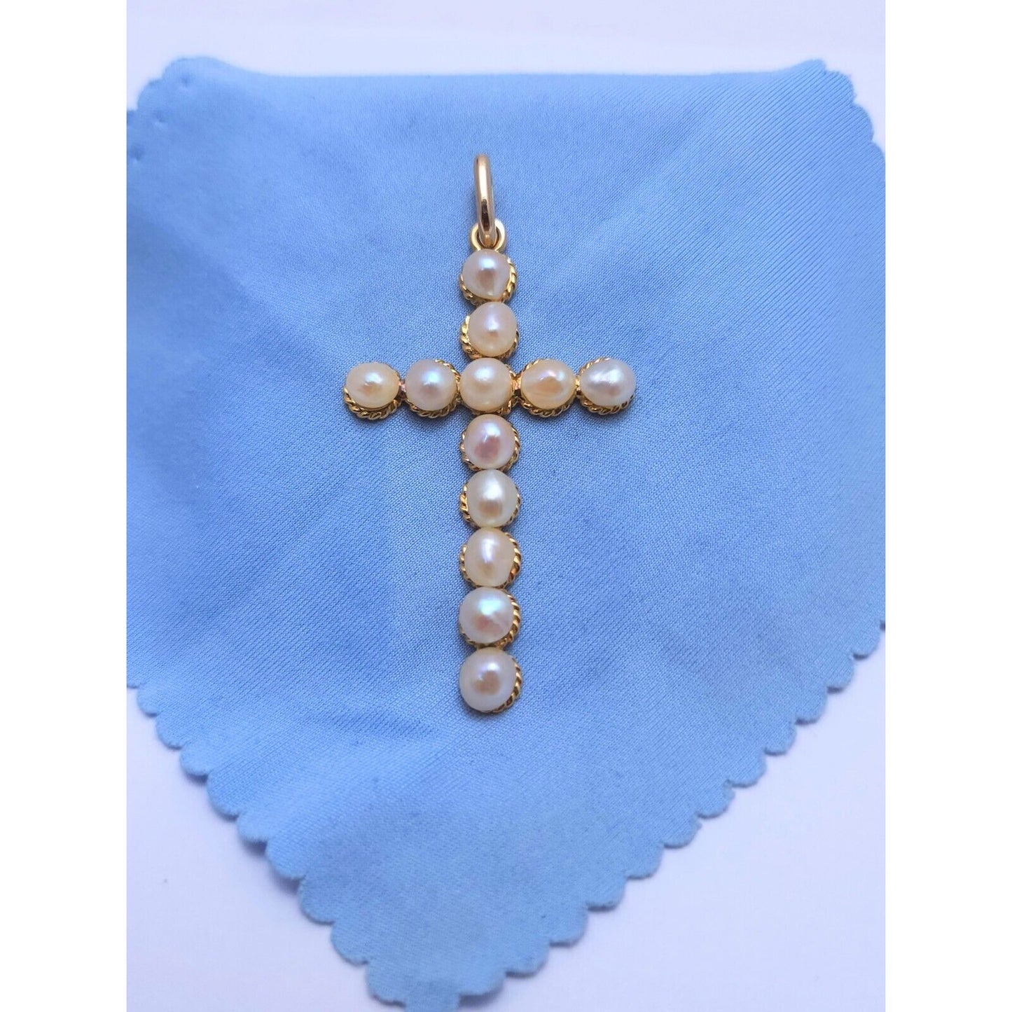 18K Yellow Gold Pearl Cross Charm Pendant