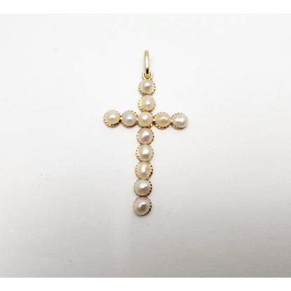 18K Yellow Gold Pearl Cross Charm Pendant