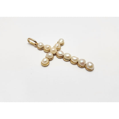 18K Yellow Gold Pearl Cross Charm Pendant