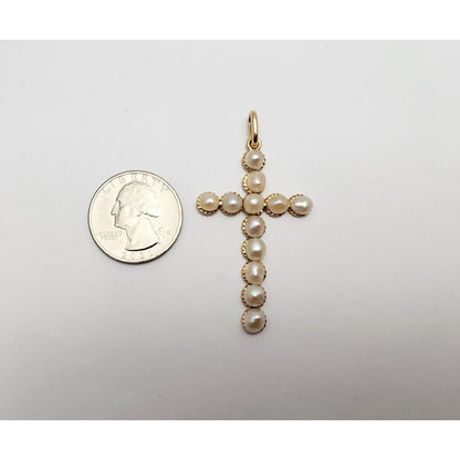 18K Yellow Gold Pearl Cross Charm Pendant