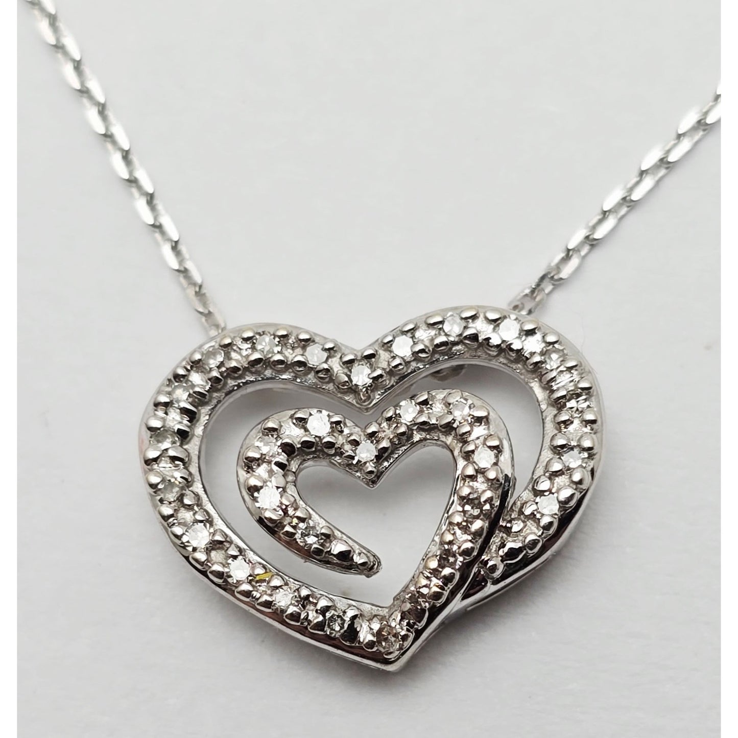 14K White Gold Cable Link Chain Necklace & Diamond Spiral Heart Charm Pendant