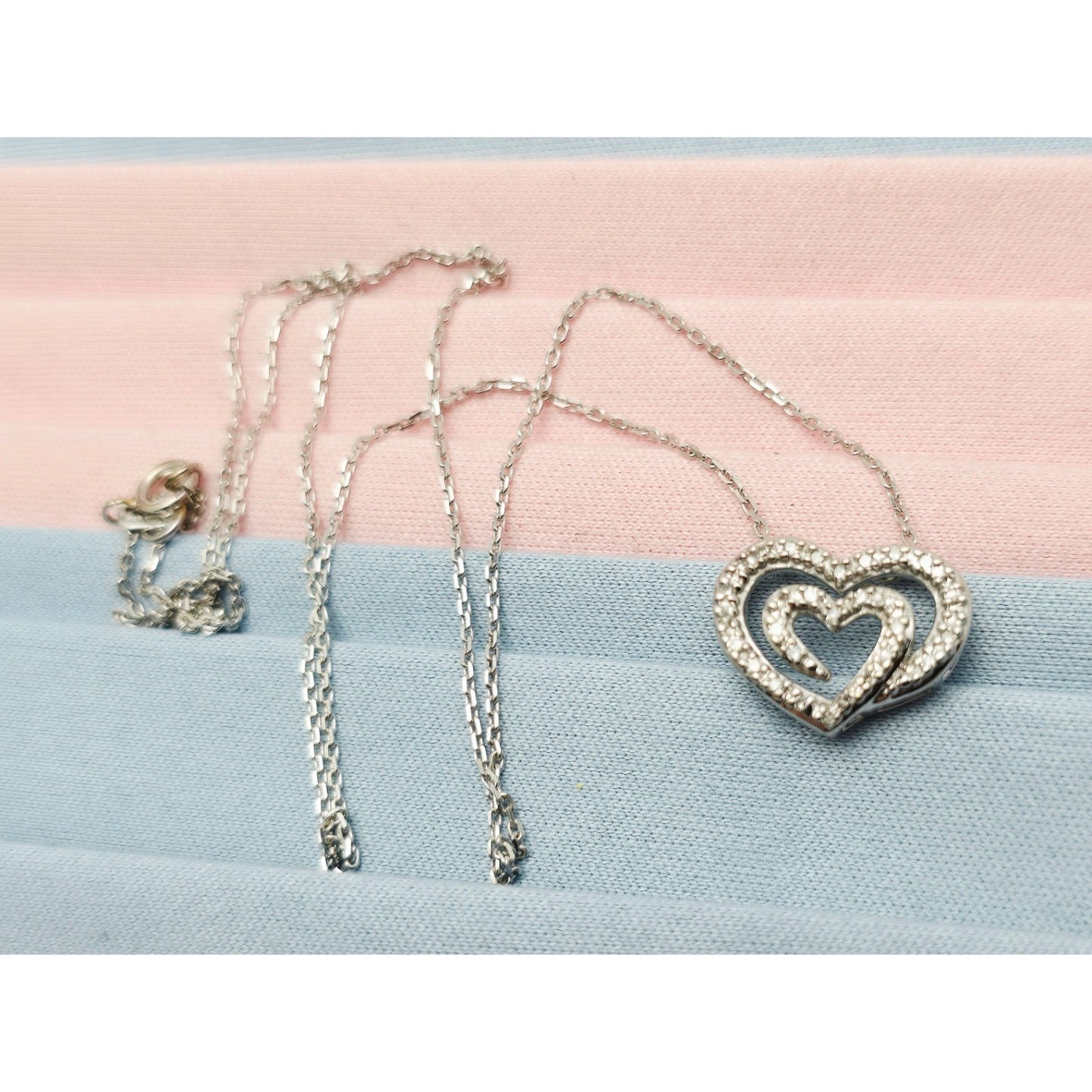 14K White Gold Cable Link Chain Necklace & Diamond Spiral Heart Charm Pendant