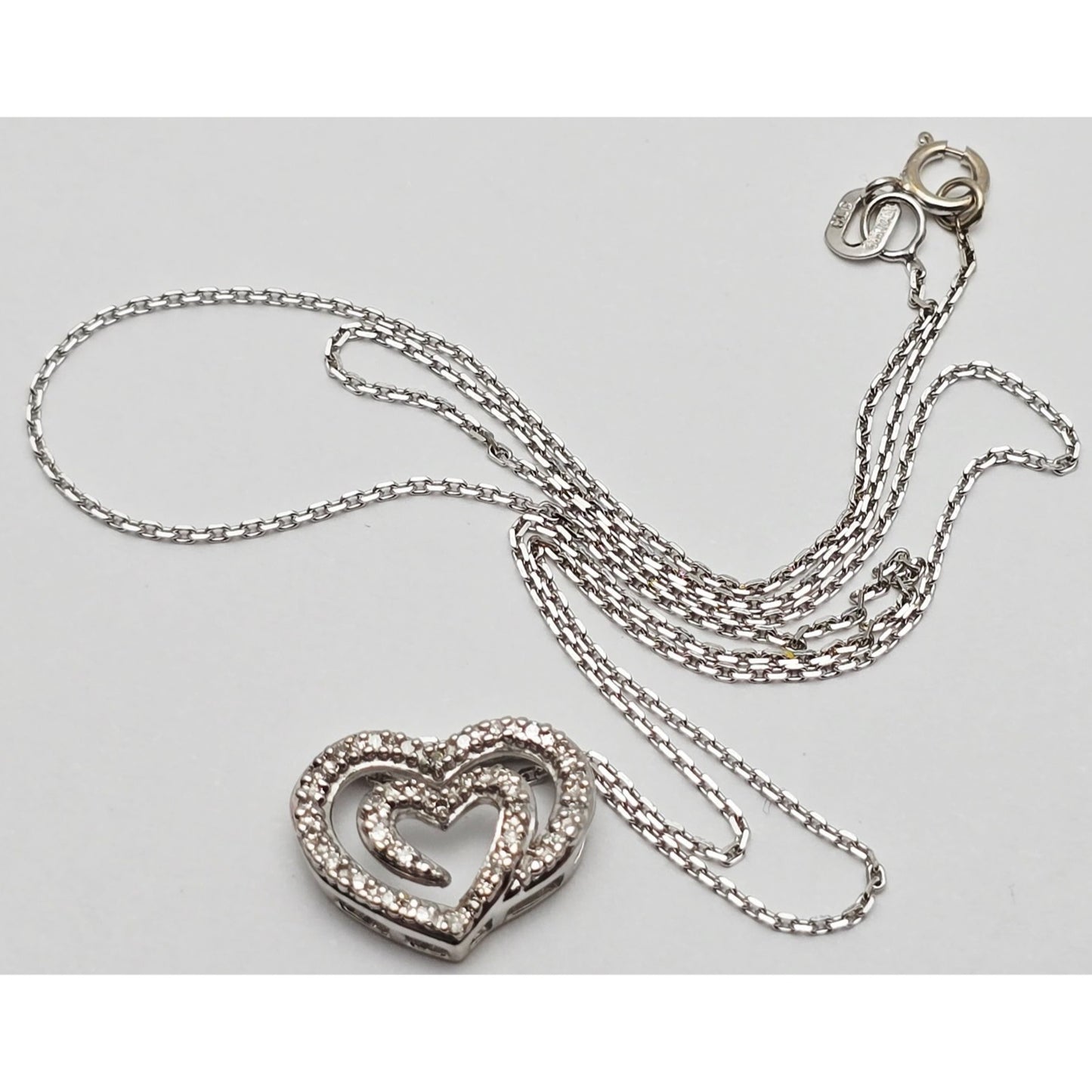 14K White Gold Cable Link Chain Necklace & Diamond Spiral Heart Charm Pendant