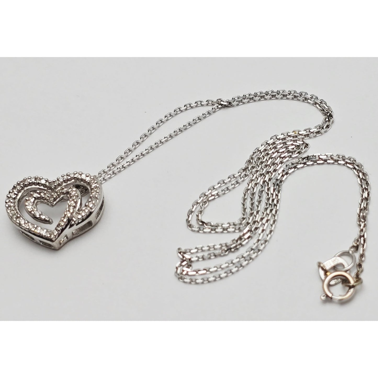 14K White Gold Cable Link Chain Necklace & Diamond Spiral Heart Charm Pendant