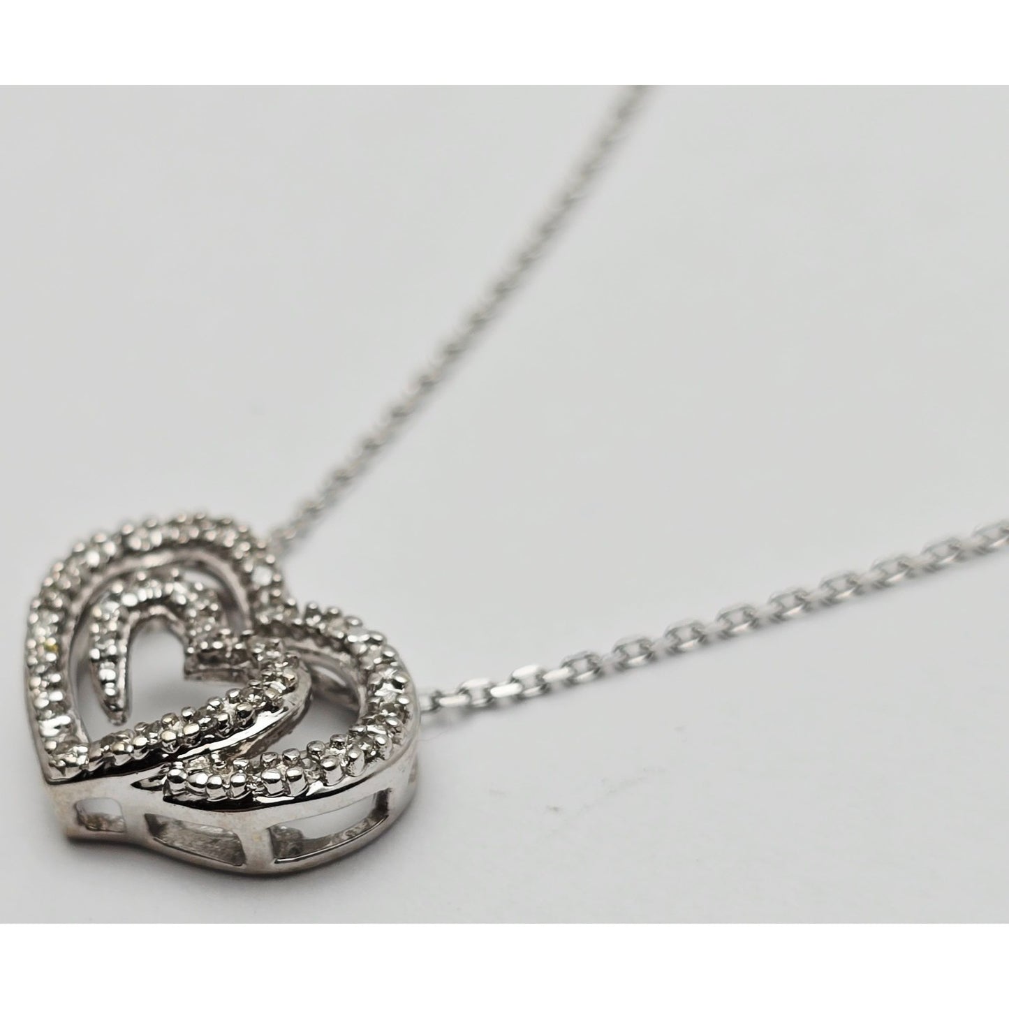 14K White Gold Cable Link Chain Necklace & Diamond Spiral Heart Charm Pendant