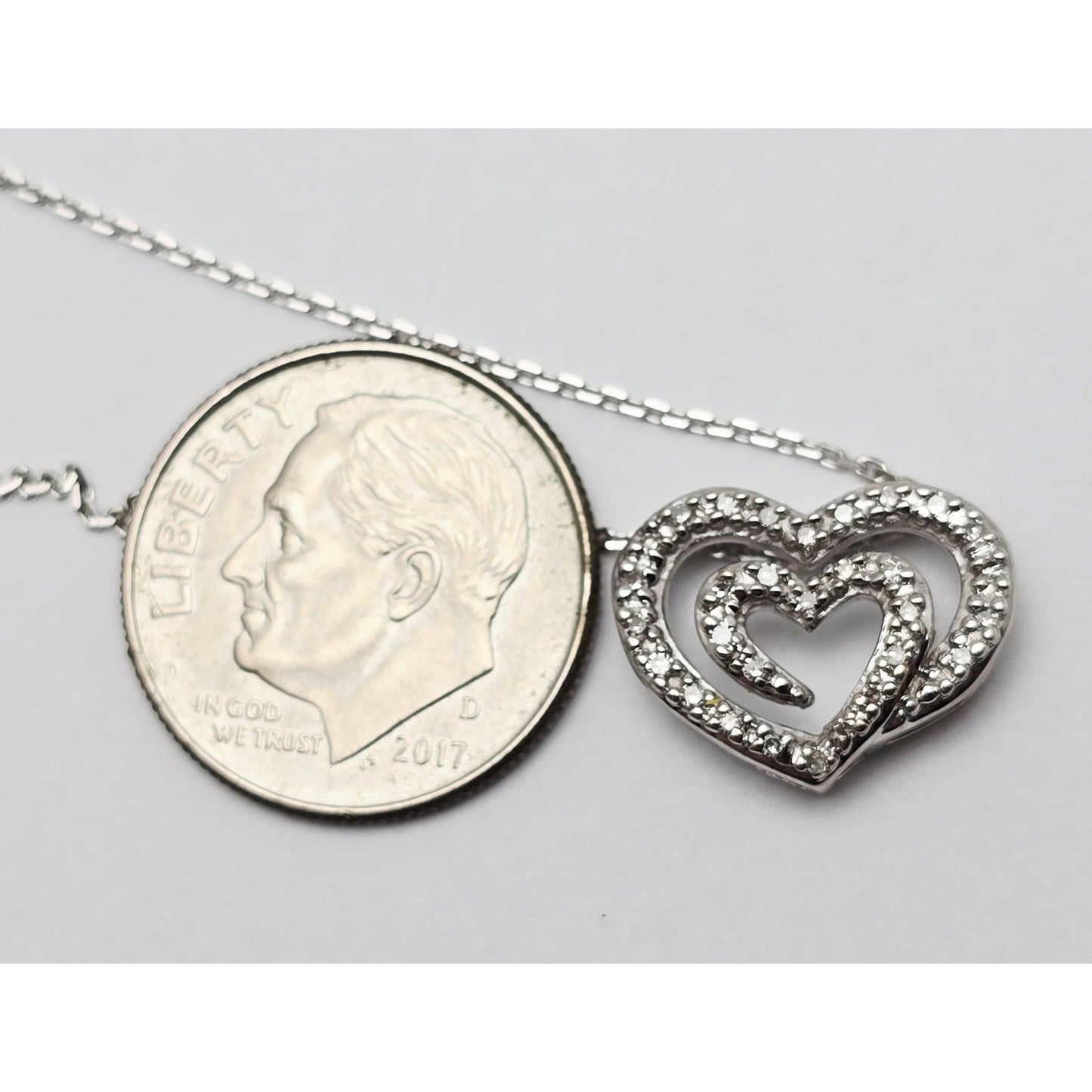14K White Gold Cable Link Chain Necklace & Diamond Spiral Heart Charm Pendant