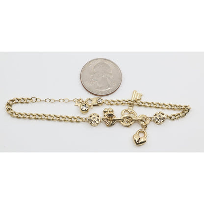 14K Yellow Gold Cuban Link Lucky Charm Key, Lock & Clover Resizable Bracelet