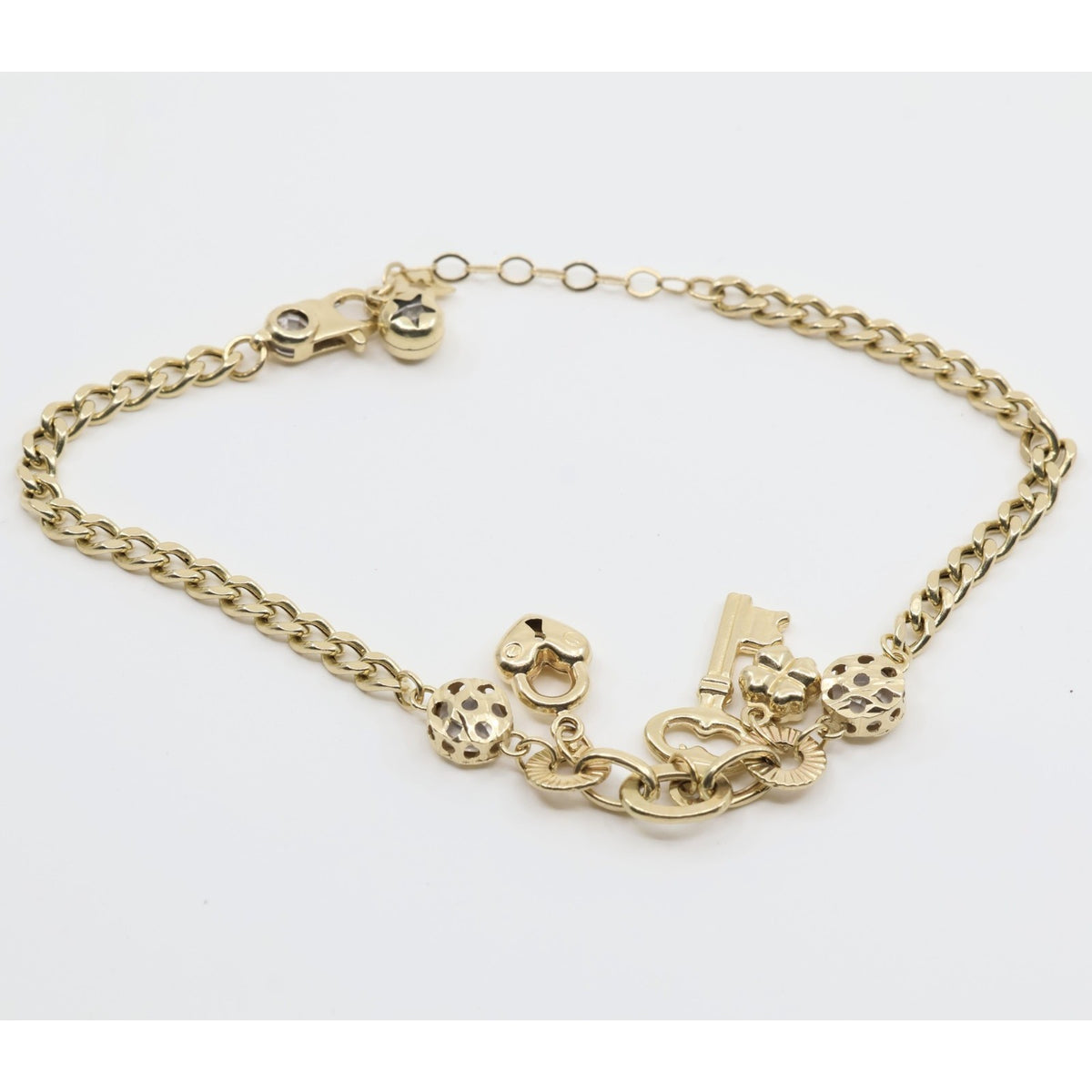 14K Yellow Gold Cuban Link Lucky Charm Key, Lock & Clover Resizable Bracelet