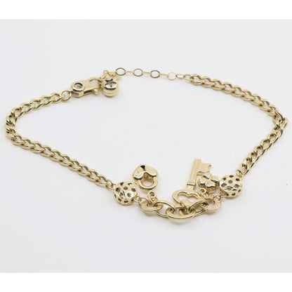 14K Yellow Gold Cuban Link Lucky Charm Key, Lock & Clover Resizable Bracelet