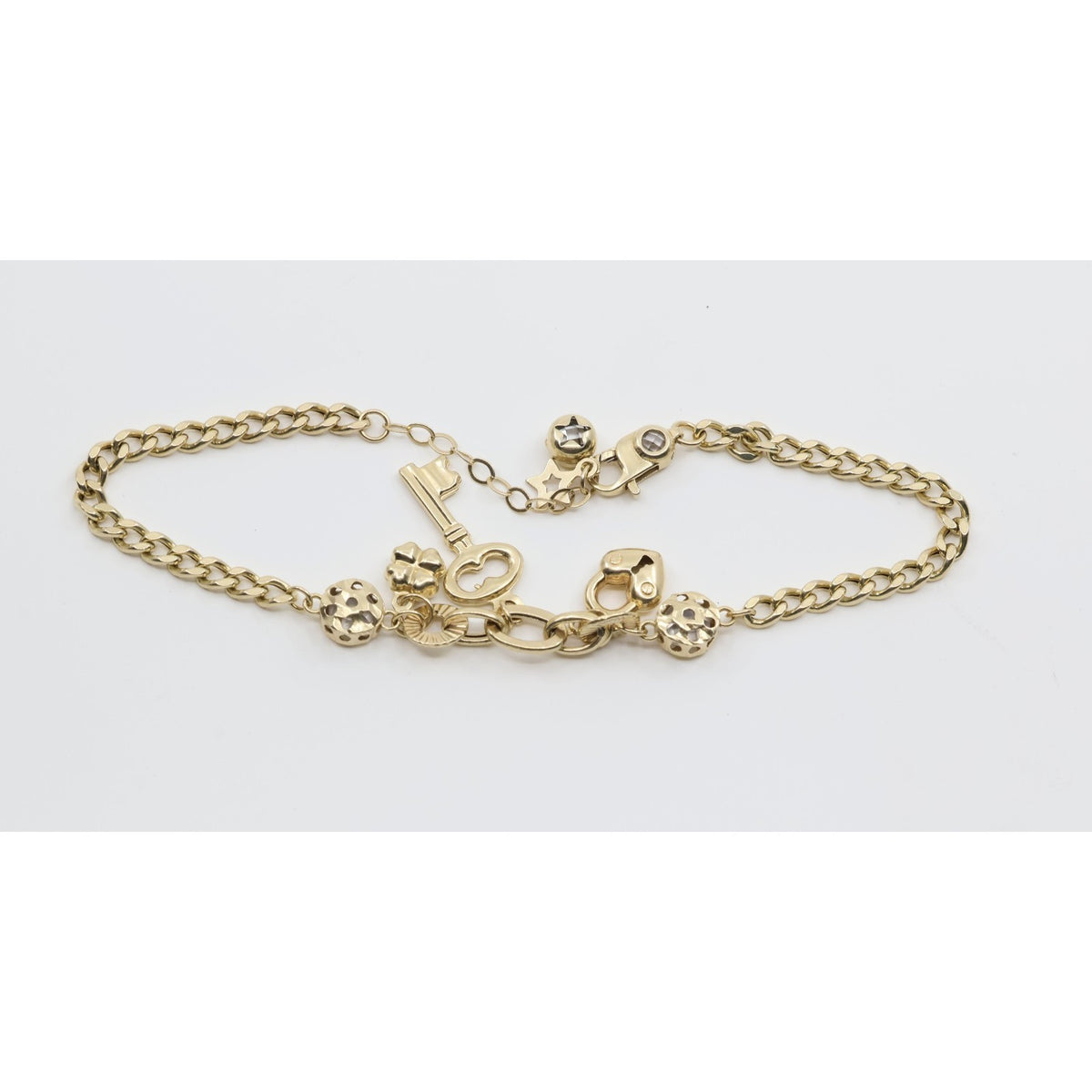14K Yellow Gold Cuban Link Lucky Charm Key, Lock & Clover Resizable Bracelet