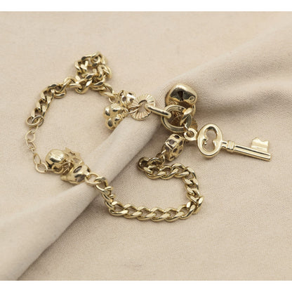 14K Yellow Gold Cuban Link Lucky Charm Key, Lock & Clover Resizable Bracelet