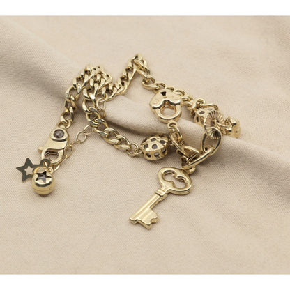 14K Yellow Gold Cuban Link Lucky Charm Key, Lock & Clover Resizable Bracelet