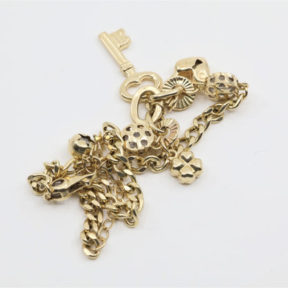 14K Yellow Gold Cuban Link Lucky Charm Key, Lock & Clover Resizable Bracelet