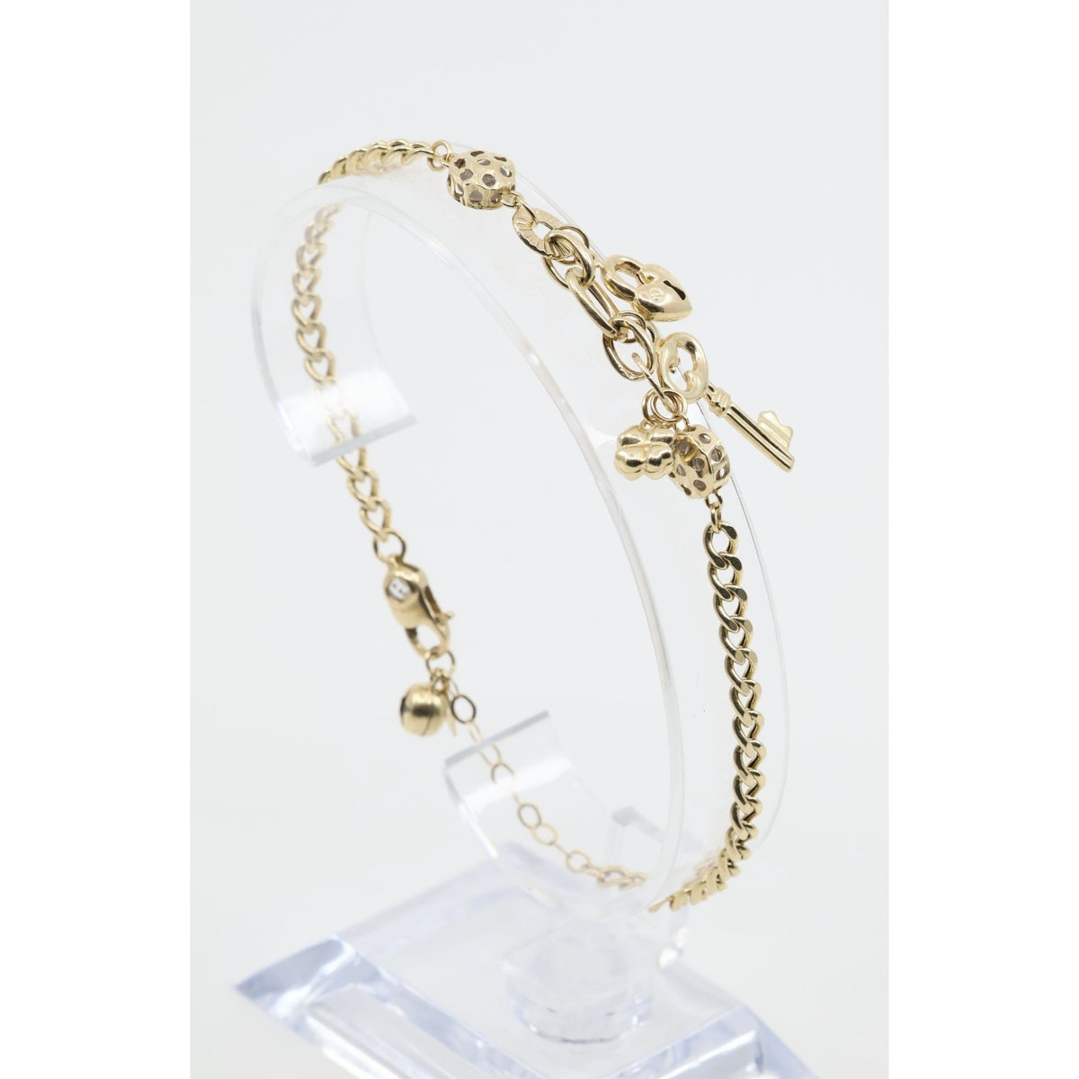 14K Yellow Gold Cuban Link Lucky Charm Key, Lock & Clover Resizable Bracelet