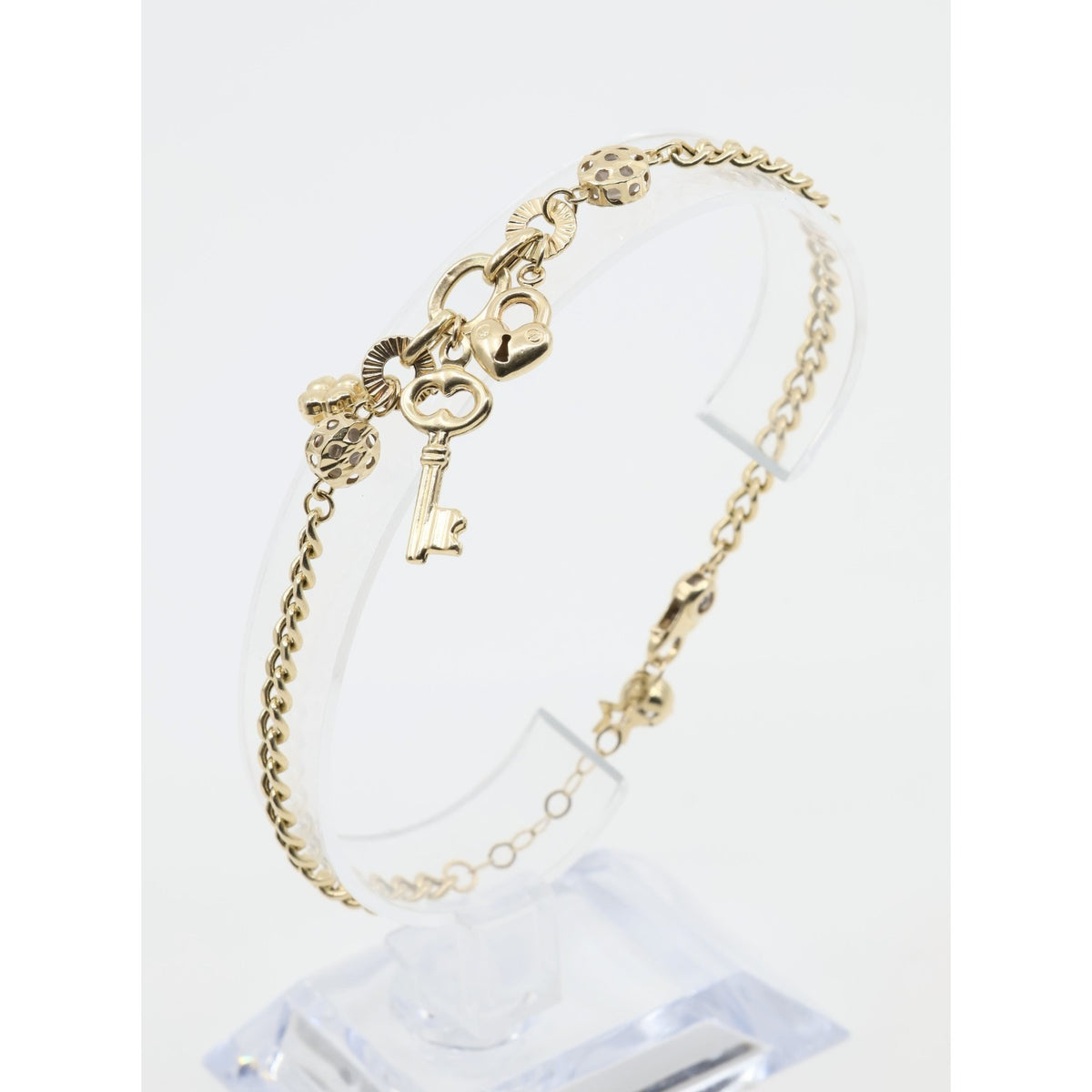 14K Yellow Gold Cuban Link Lucky Charm Key, Lock & Clover Resizable Bracelet
